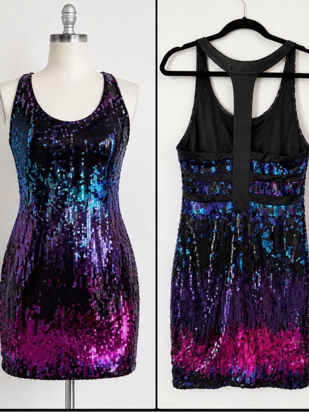 NWT Venus Sequin Bodycon Dress Medium Black Purple Pink Iridescent Party Dress